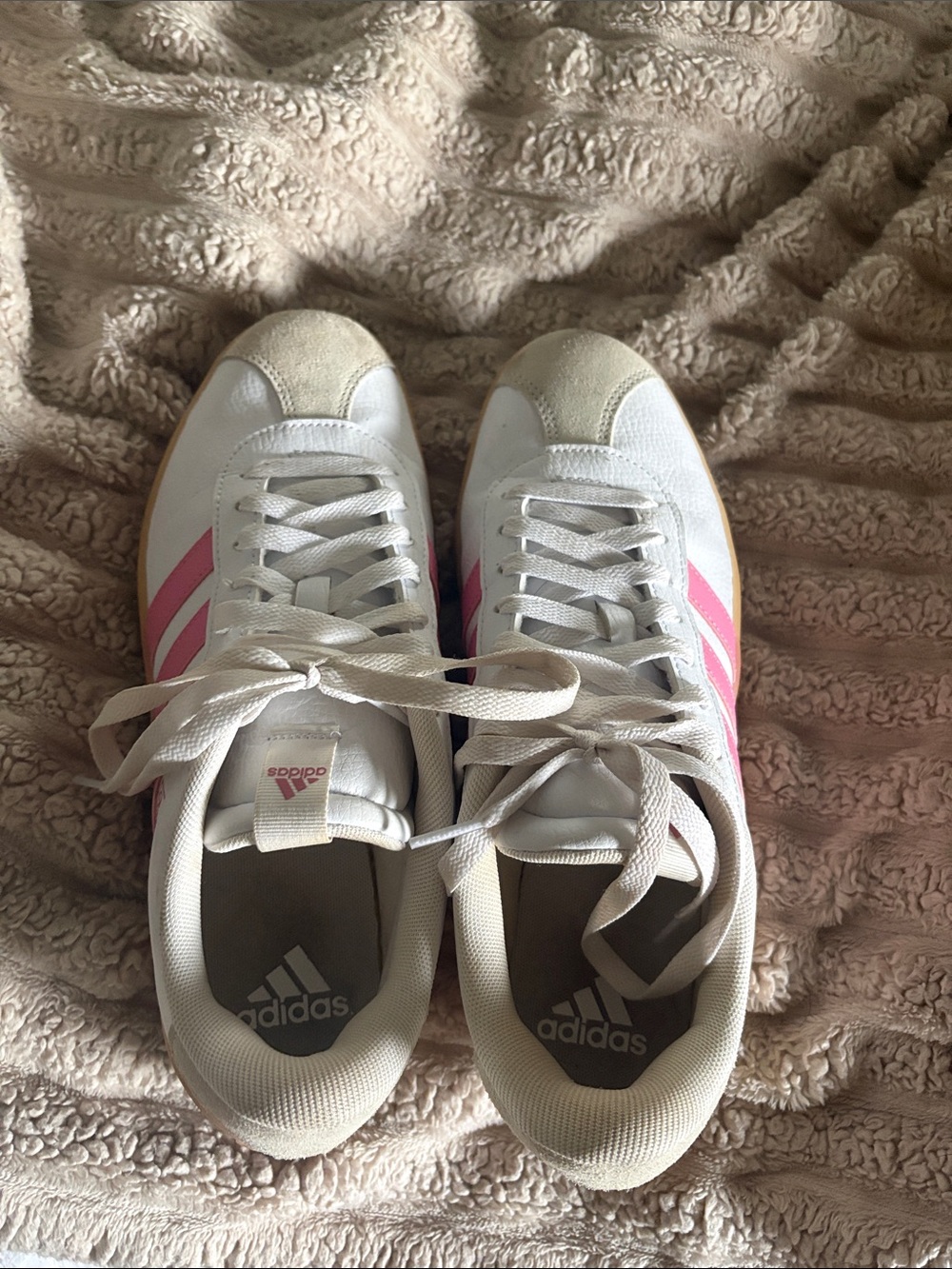 adidas White Sneakers with Pink Stripes and Gum Sole - Picture 7 of 7